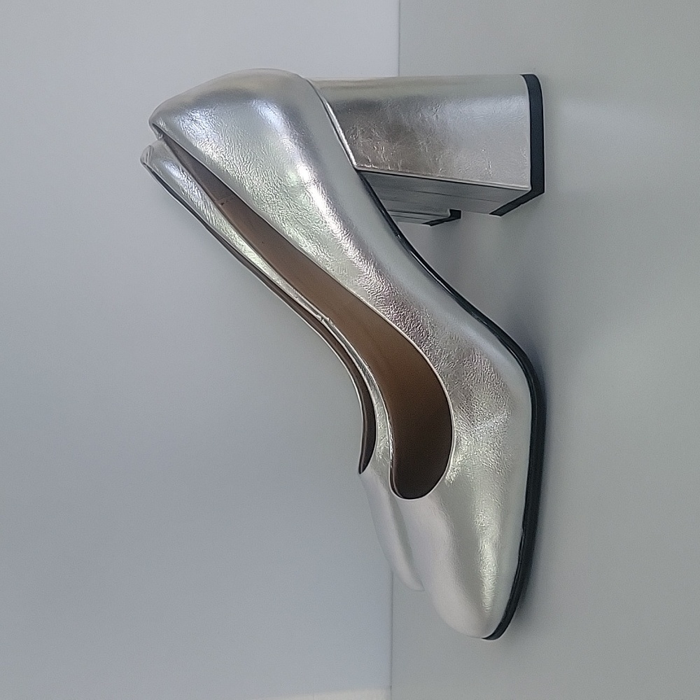 Silver womans high heel chunky heel square toe pumps party dress - Picture 4 of 8